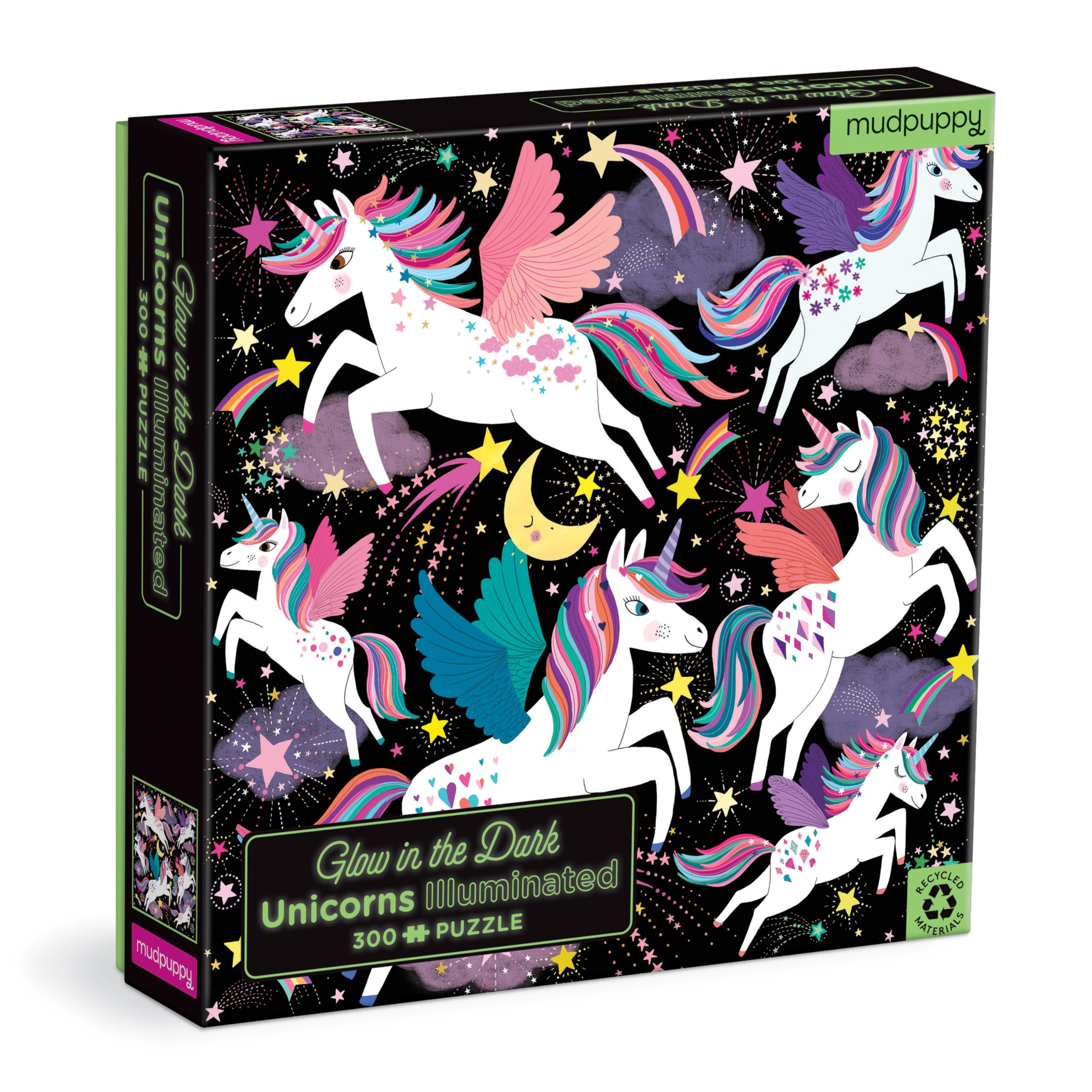 Mudpuppy Unicorns Illuminated 300 Piece Glow in The Dark Family Puzzle, Glow in The Dark Pieces, Whimsical Illustrations; Hours of Challenging Puzzle Fun, 7+