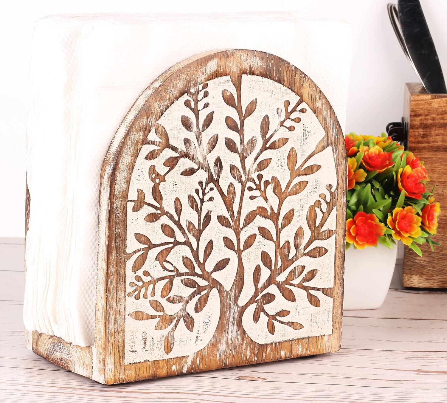 Mother’s Day Wooden White Wash Tree of Life Napkin Holder, Decorative Tissue Paper Holder, Farmhouse Napkin Stand for Dining Table, Kitchen Counter Tissue Organizer, Gifts for Mom