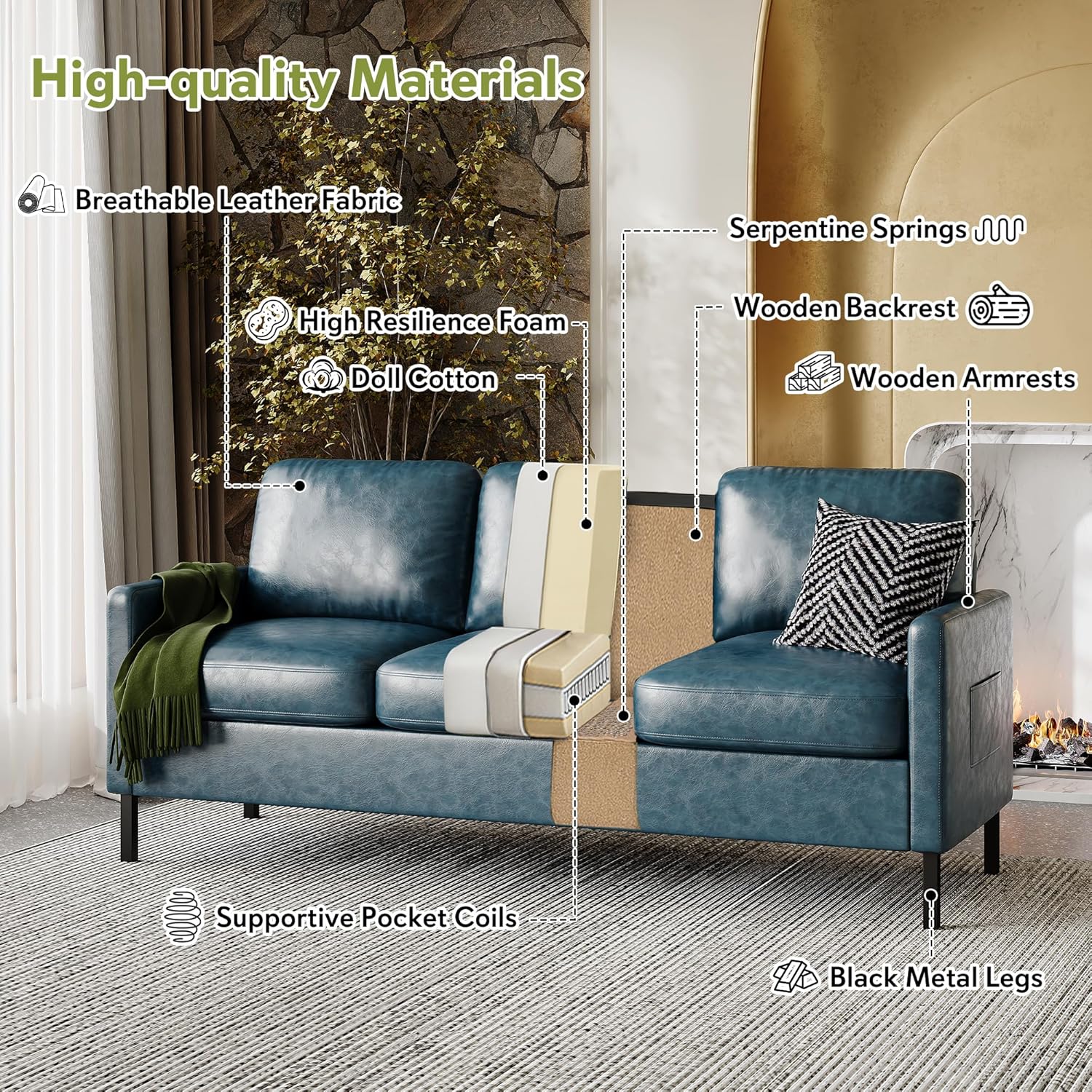 STHOUYN 73" W Faux Leather Couch w/ 2 USB, Leather Sofa w/Side Pockets, Wooden Frame 3 Seat Couch for Livingroom, Office, Apartment (Blue, 3 Seater)