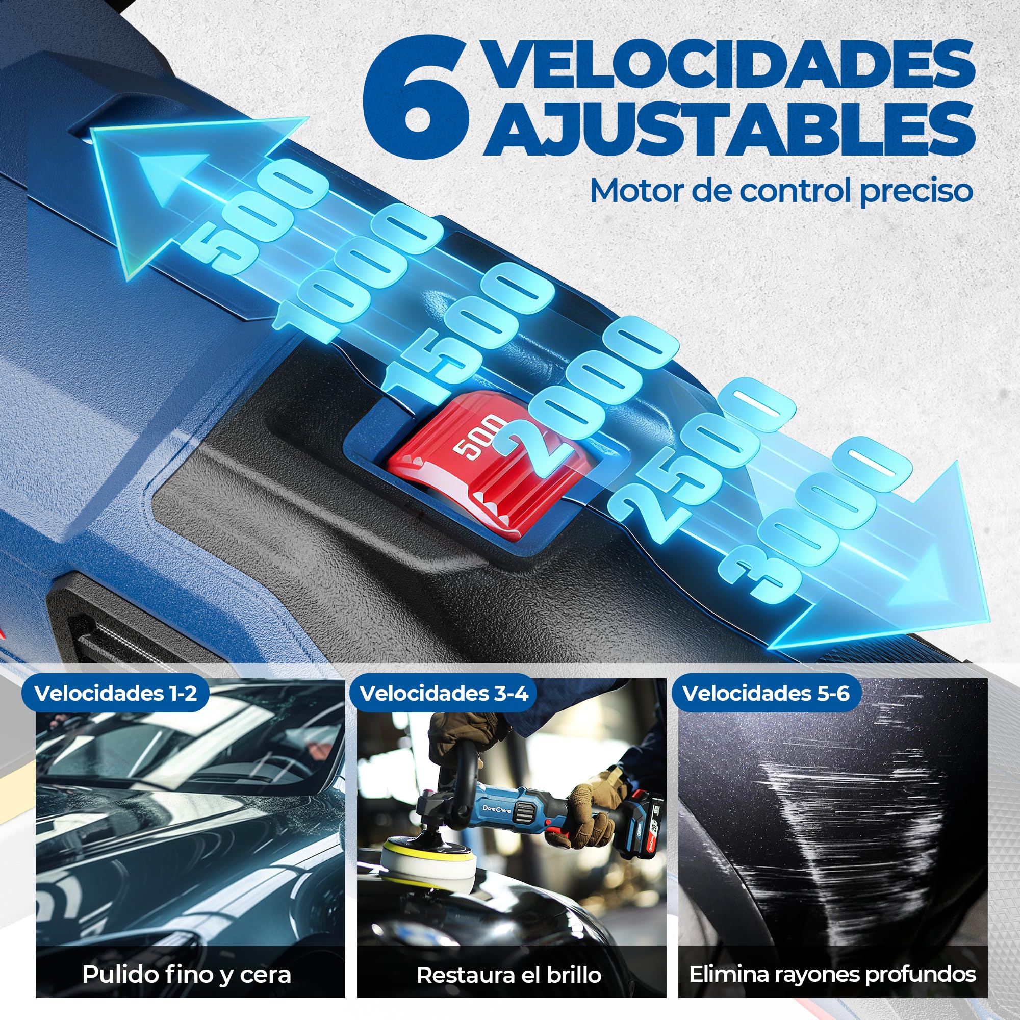 DongCheng Pulidora a batería para coche, 2x 4,0Ah, rotativa sin escobillas, arranque suave, disco 150mm, 6 velocidades – Ideal para mantenimiento de pintura y eliminación de rayones, certificado CE