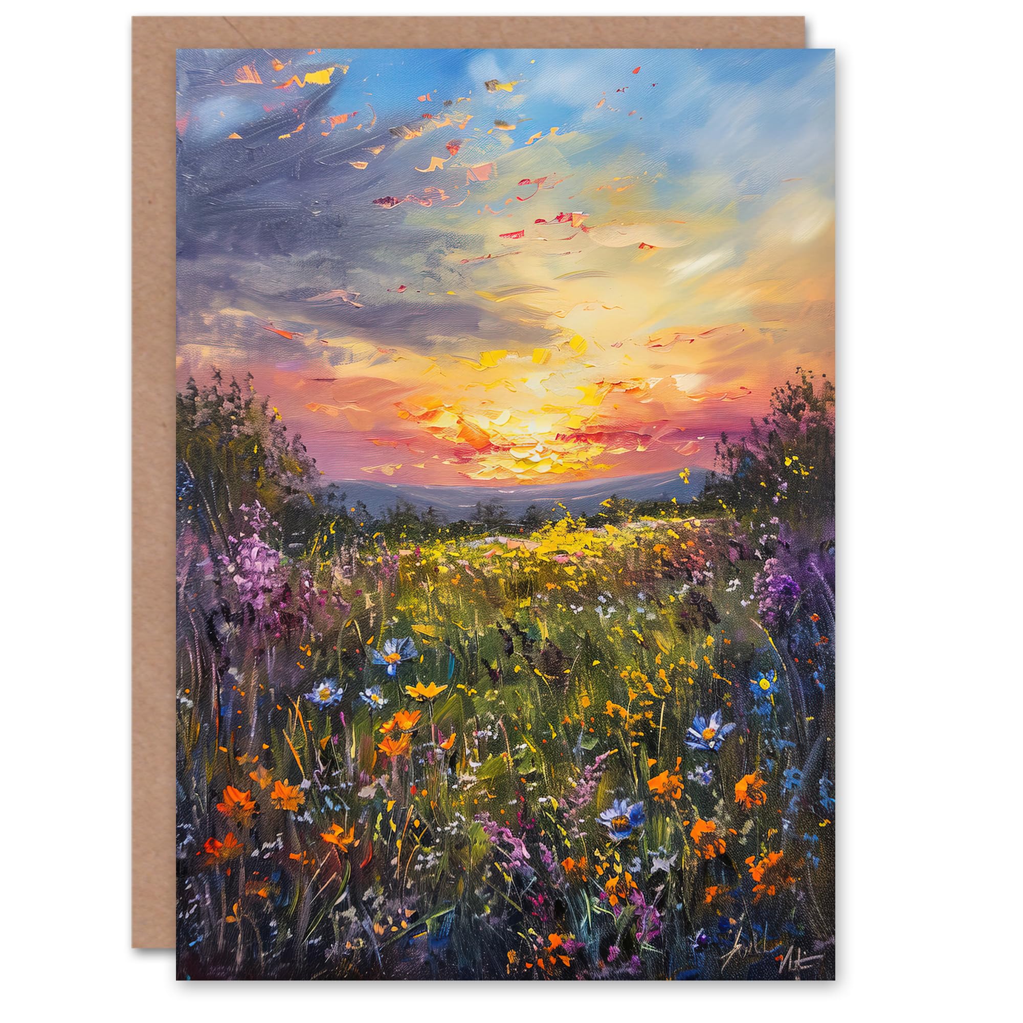 Artery8 Wildflower Meadow at Sunset Oil Painting Summer Greeting Birthday Card Him Her All Blank