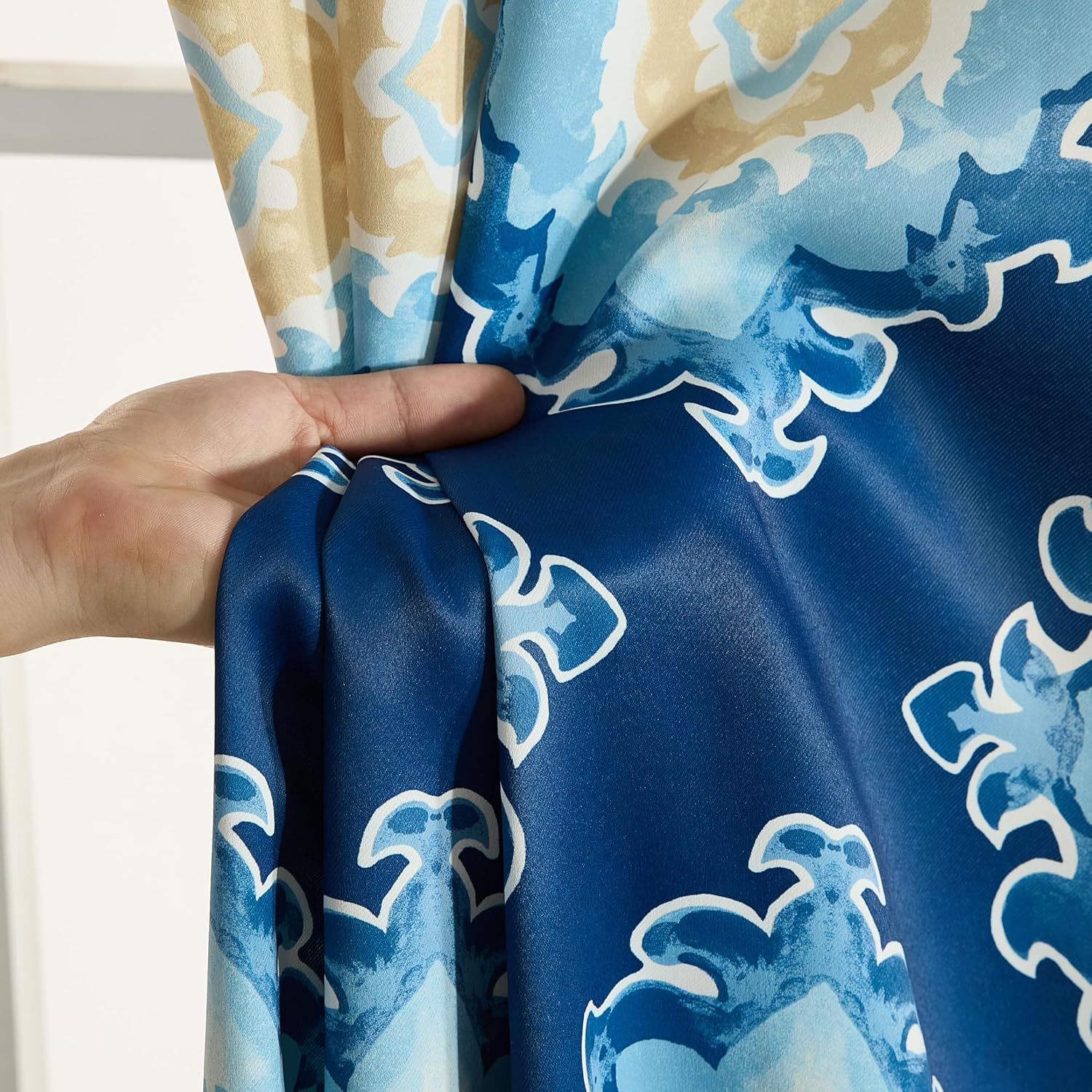 HLC.ME Liam Blue Pattern Curtains - Print Curtains - Boho Ogee Ikatt Damask Design - Light Reducing Window Drapes for Bedroom and Living Room, Set of 2 Panels - 52 W x 84 L
