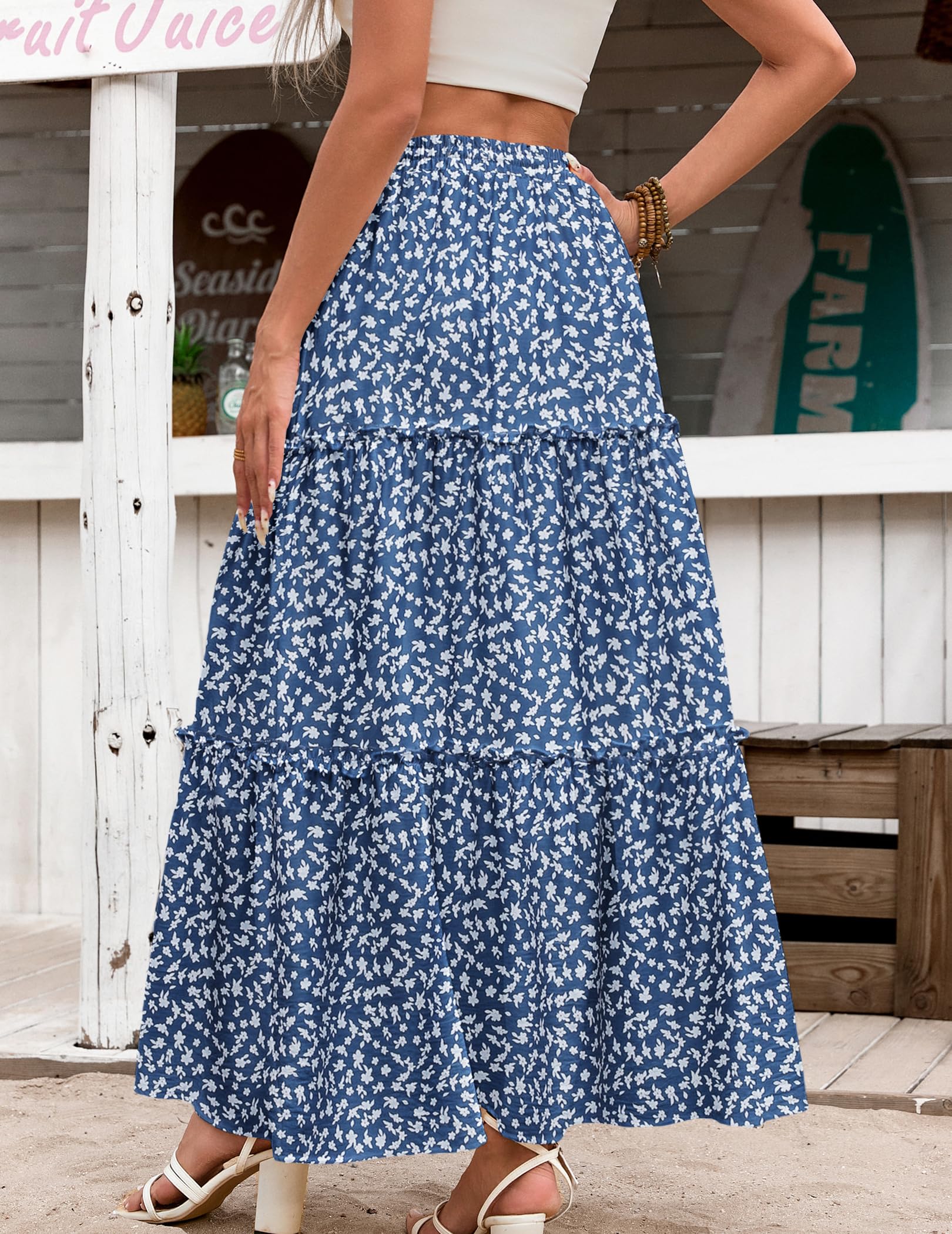 Hotouch Falda Larga Mujer Verano Faldas Cintura Elástica Alta Falda Línea A Casual Faldas Vacaciones Playa Faldas con Bolsillos