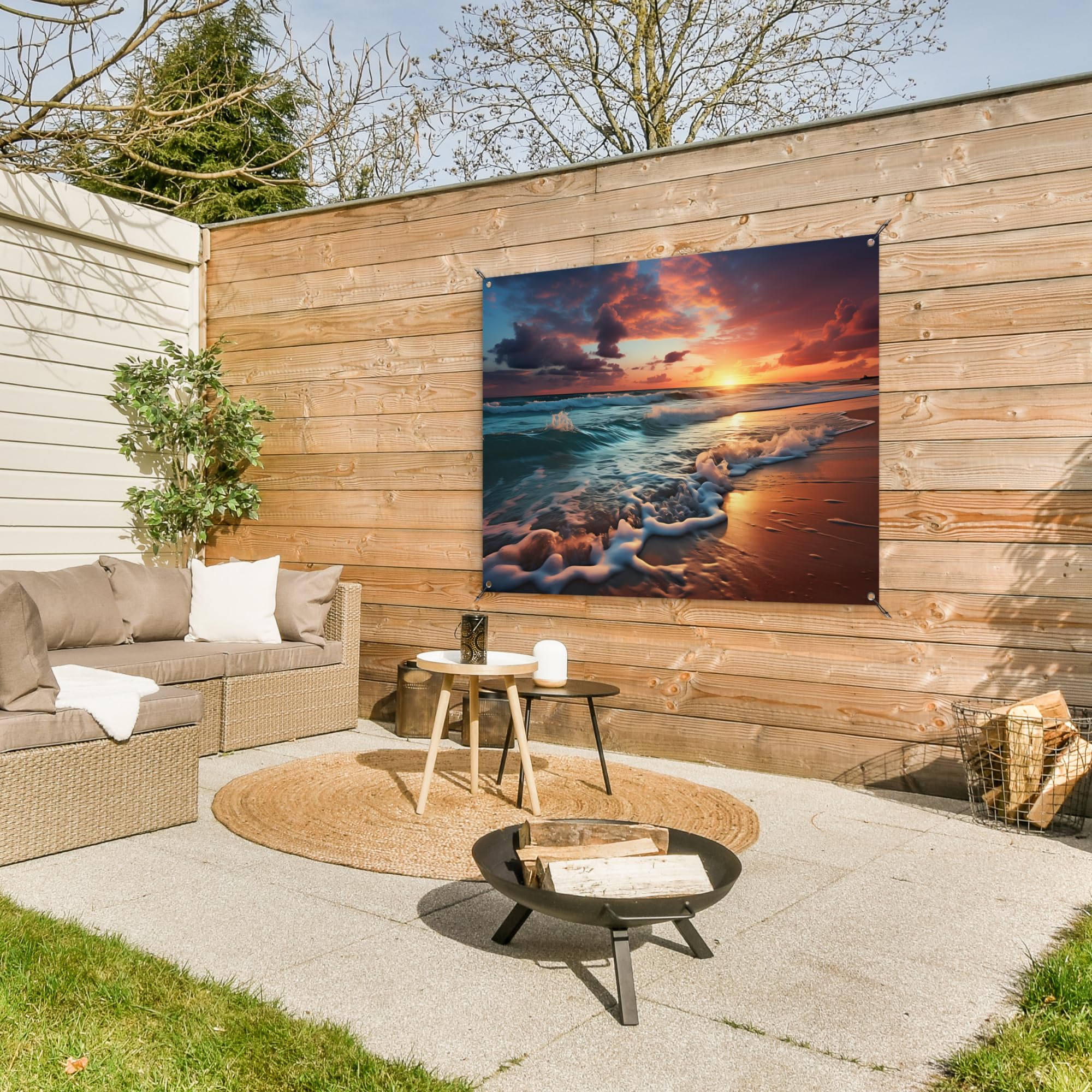 MuchoWow© Decoracion Jardin Exterior Decoración Pared Póster De Jardín | 120x90 cm - Balcón Wall Decoration Patio Posters Decorativos Terraza Puesta sol - Playa - Mar - Golf