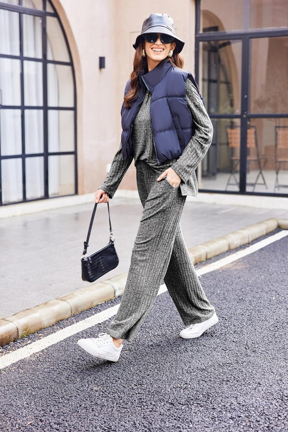 Ekouaer Womens Ribbed Knit Lounge Set Long Sleeve Henley Neck Top and Long Pants Two Piece Soft Sleepwear Matching Outfits - Image 6