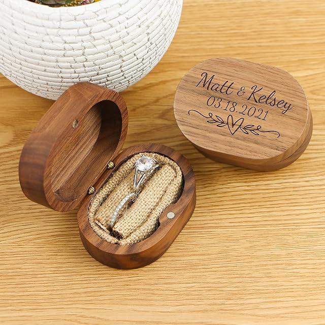 KEMEILA Custom Wood Wedding Ring Box Retro Wood Ring Bearer Rustic Wooden Vintage Ring Holder for Wedding Engagement Proposal Jewelry Storage Box Gift for Wife Women