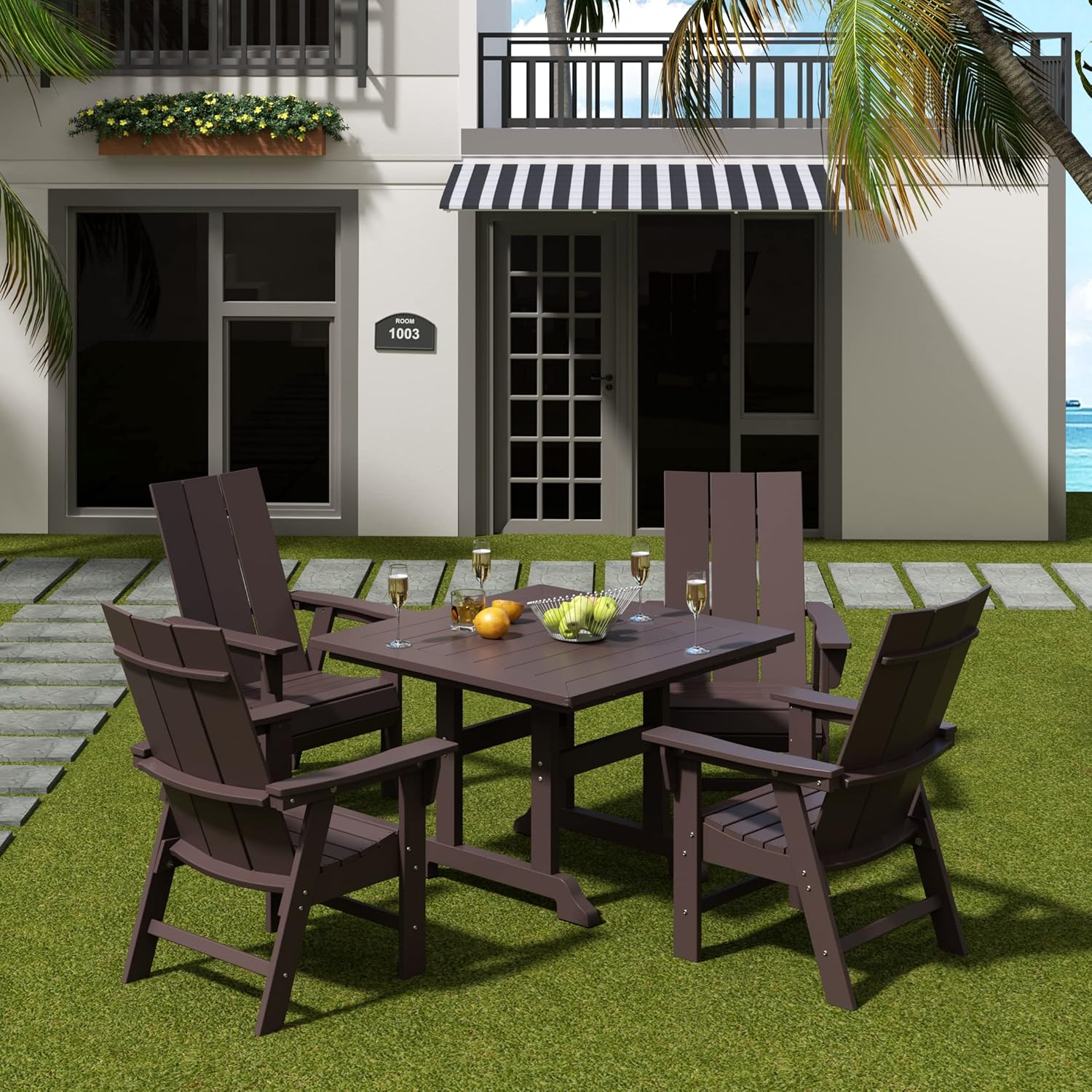 WO WESTIN OUTDOOR HDPE Shoreside Modern Curveback Adirondack Dining Chair,Dark Brown