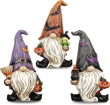Valery Madelyn Gnomes Halloween Decorations Indoor, 3 Pcs Resin Gnome Decor for Home with Bat Witch Hat, Halloween Figurines Elf Dwarf with Broom Jack O Lantern for Table Tiered Tray Outdoor, 3.6"