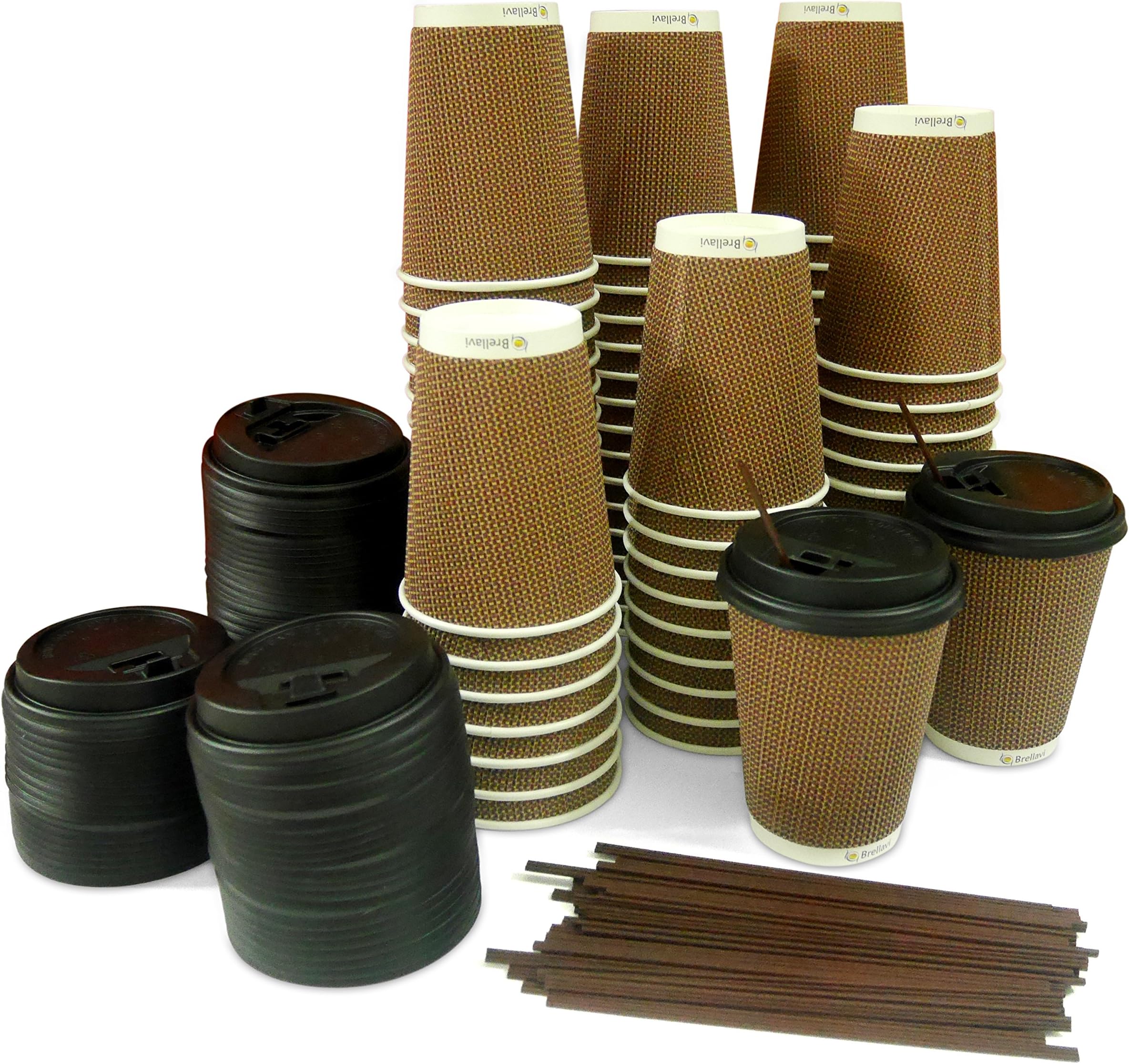 Ideal Pack of 75-12 oz Disposable Triple-Walled Strong Paper Coffee Hot Cups, Travel Lids & Stirrers; Rippled to Go Coffee Cups, Disposable Travel Mug for Hot/Cold Coffee, Tea, Chocolate & Coco