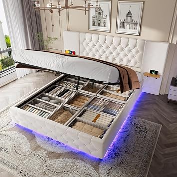 Bed Frame with Wide Headboard, L-E-D Light, U-S-B Connector, Hydraulic Lifting System and Large Under Bed Storage Space (Beige, 160 x 200cm)