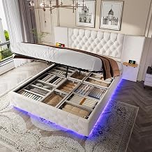 Bed Frame with Wide Headboard, L-E-D Light, U-S-B Connector, Hydraulic Lifting System and Large Under Bed Storage Space Beige, 160 x 200cm
