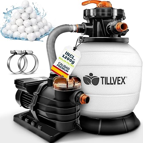 tillvex Depuradora de Agua para Piscina 13.200L/h hasta 40.000L + 1200g Bolas de Filtro - 7 Funciones de Filtrado - Bomba de Filtro de Arena con Válvula (Blanco/Naranja)