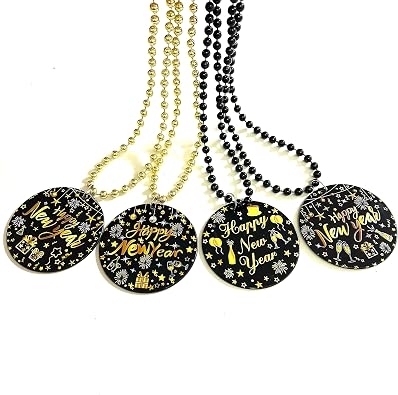 12 Pcs Happy New Year Bead Necklace New Years Eve Medallion Pendant Bead Necklaces Party Gift