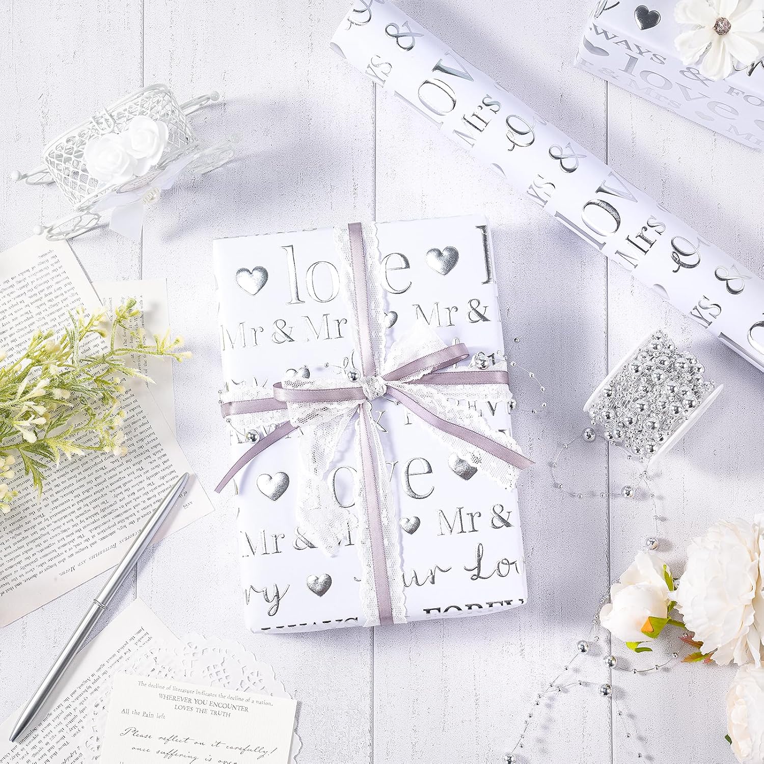 RUSPEPA Wedding Wrapping Paper, Mini Roll, Silvery Gold Foil LOVE Design, Perfect for Wedding, Bridal Shower, Anniversary, Engagement, 17 Inches x 16.5 Feet - Image 3