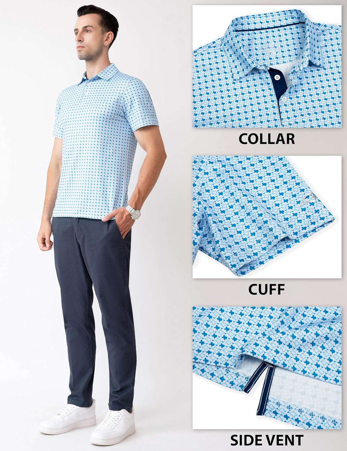 Men's Golf Shirts Short Sleeve Moisture Wicking Dry Fit Print Patterns Collared Performance Polo Golf Shirts for Men
