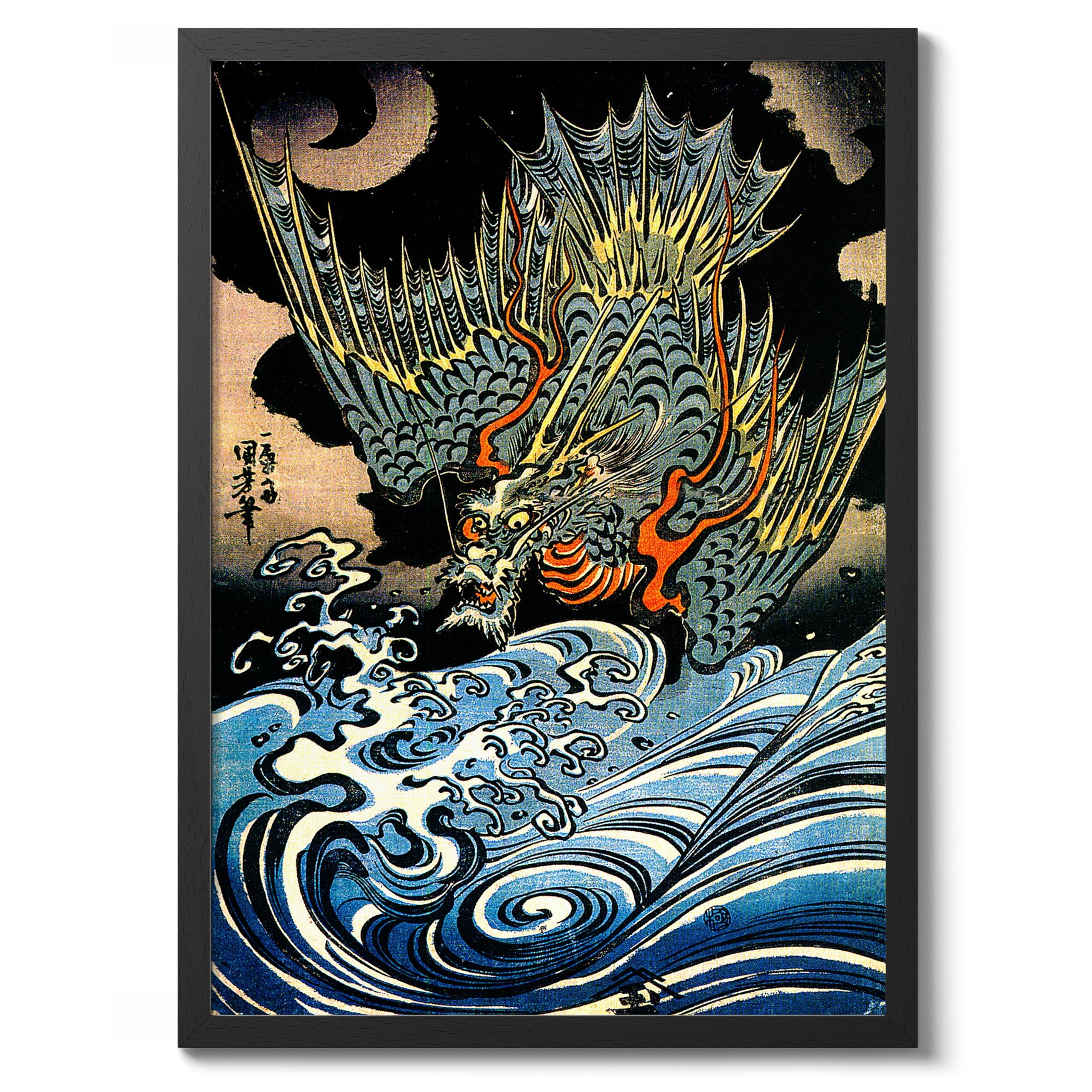 Animato Sea Dragon Japanese Woodblock Print, Vintage Aesthetic Poster Japan Wall Art Exhibition Ukiyo-E Home Decor, Archival Matte, 50x70cm (Black Frame) - 50x70cm โ image 1