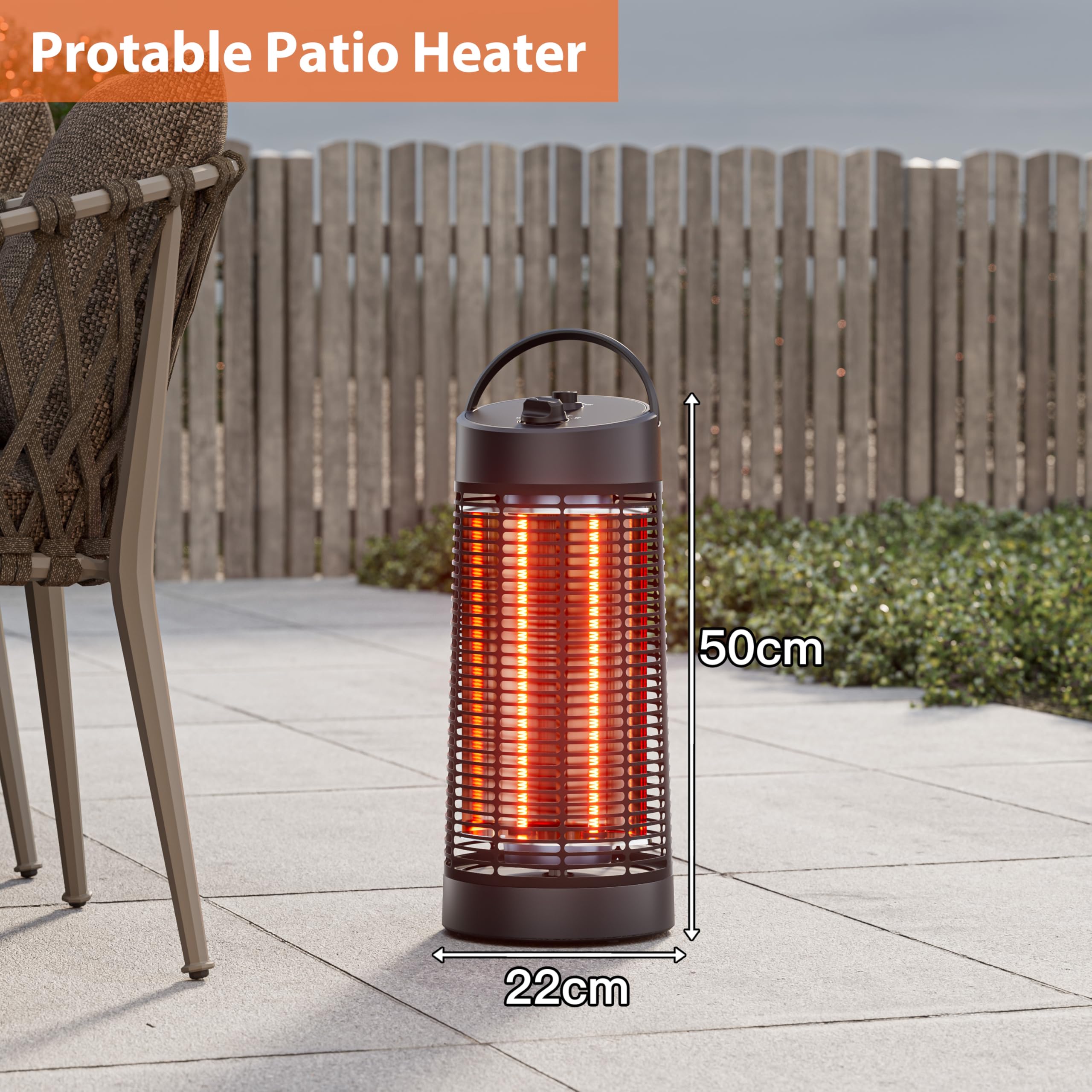 Zewnętrzny elektryczny podgrzewacz do patio, przenośny promiennik podczerwieni z regulacją 600 W/1200 W, ochrona Tip-Over Protection, 1s ogrzewanie z włókna węglowego do podwórka, garażu, czarny