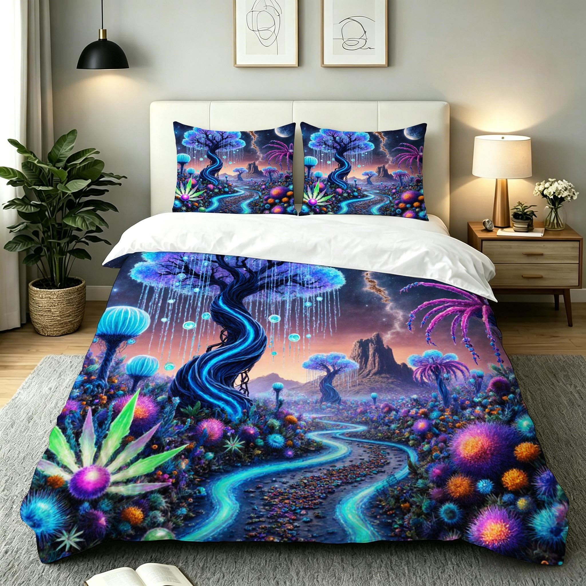Housse de couette 220x240 plante bleue microfibre parure de lit 3 pièces fermeture éclair AW8921