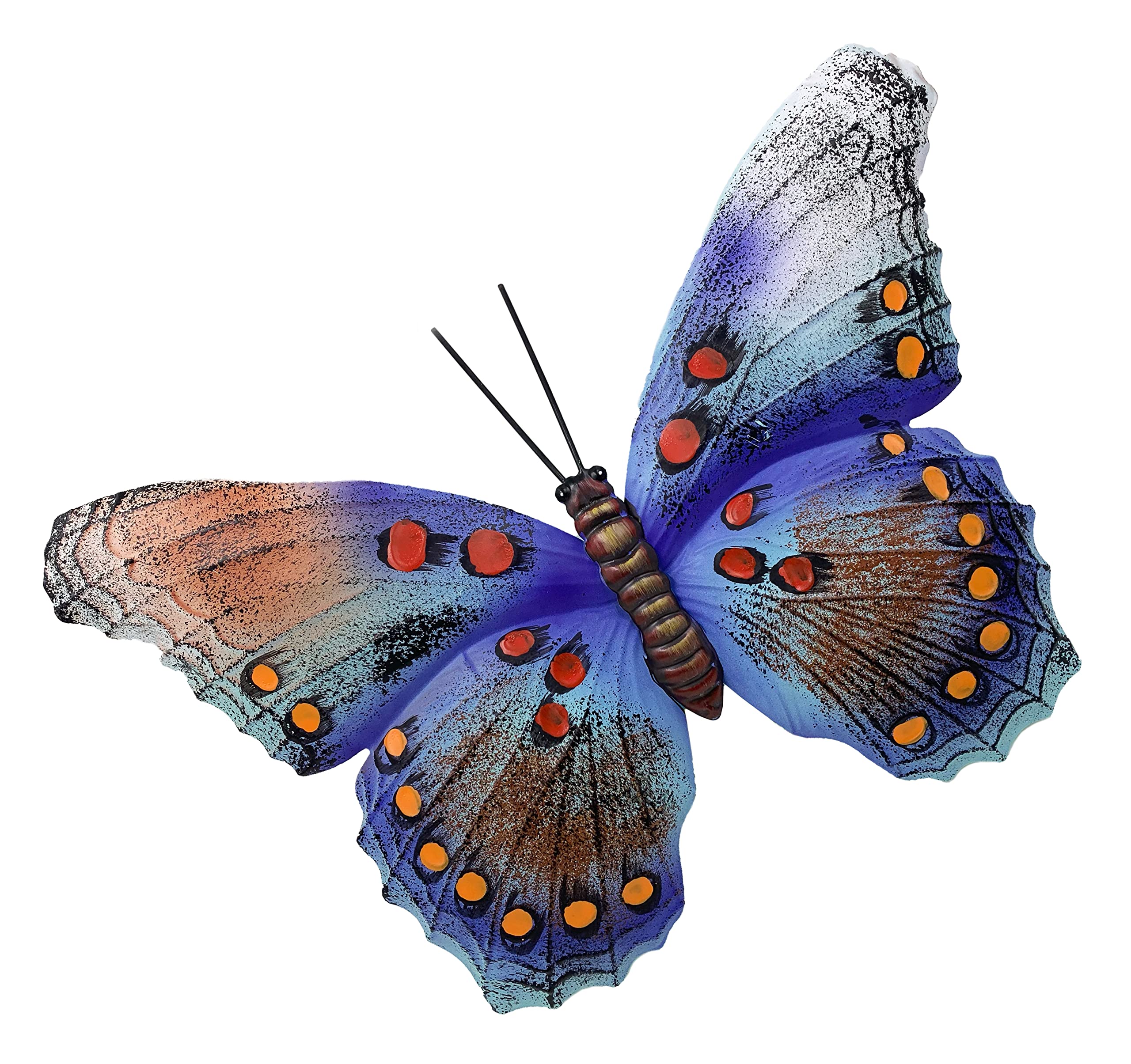 Decorative Metal Large Garden / Patio / Balcony Wall Hanging Butterfly (37cm x 22cm, Blue / Purple with Orange Spots)