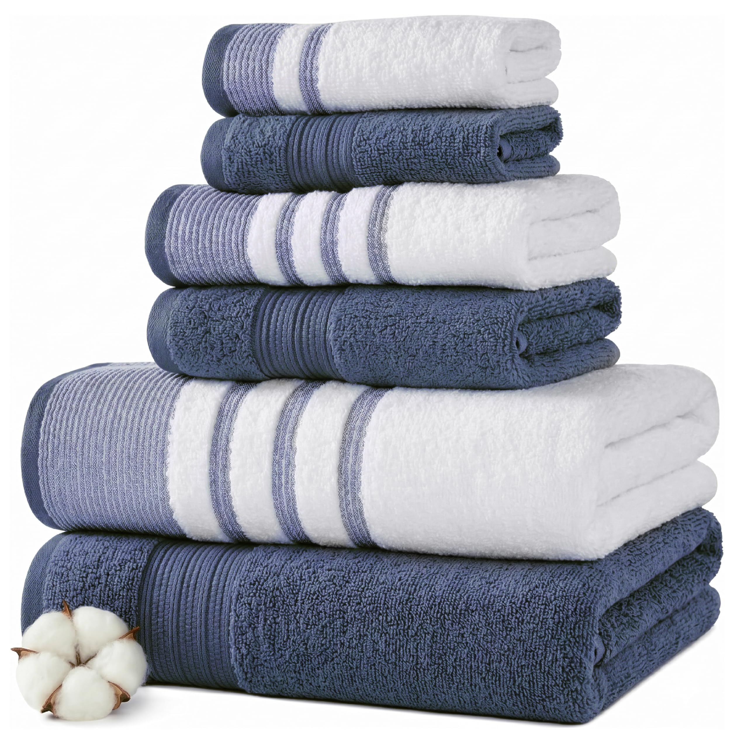 Modern Threads Set 6 Pezzi, 2 Asciugamani Bagno, 2 Asciugamani, 2 Asciugamani, Asciugatura Rapida Bianco/Contrasto Reinhart Denim