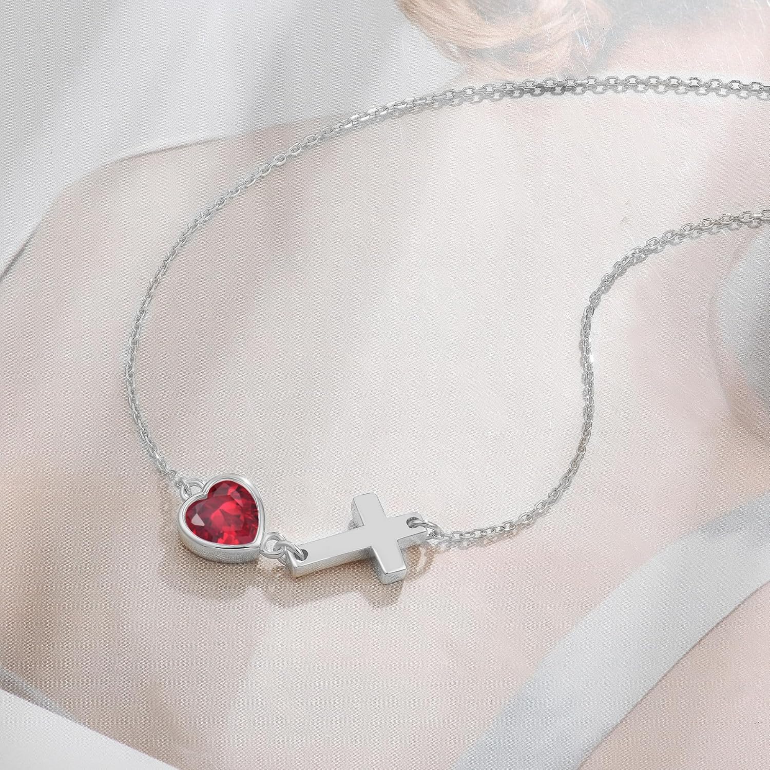 Sideways Cross Necklace with Heart Birthstone 925 Sterling Silver Dainty Tiny Cute Necklace Christian Religious Faith Gifts