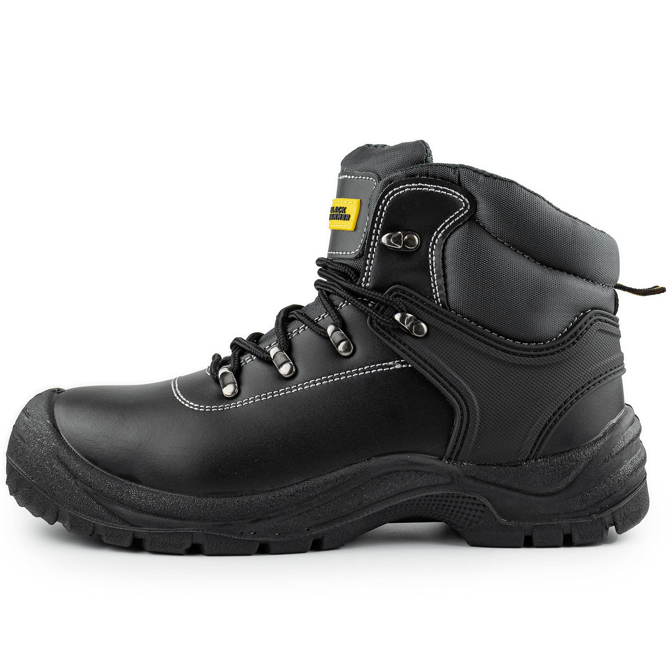 BLACK HAMMER Botas de seguridad con puntera de acero hombre Calzado de trabajo de cuero resistente y ligero S3 SRC 1700 Negro (43 EU)