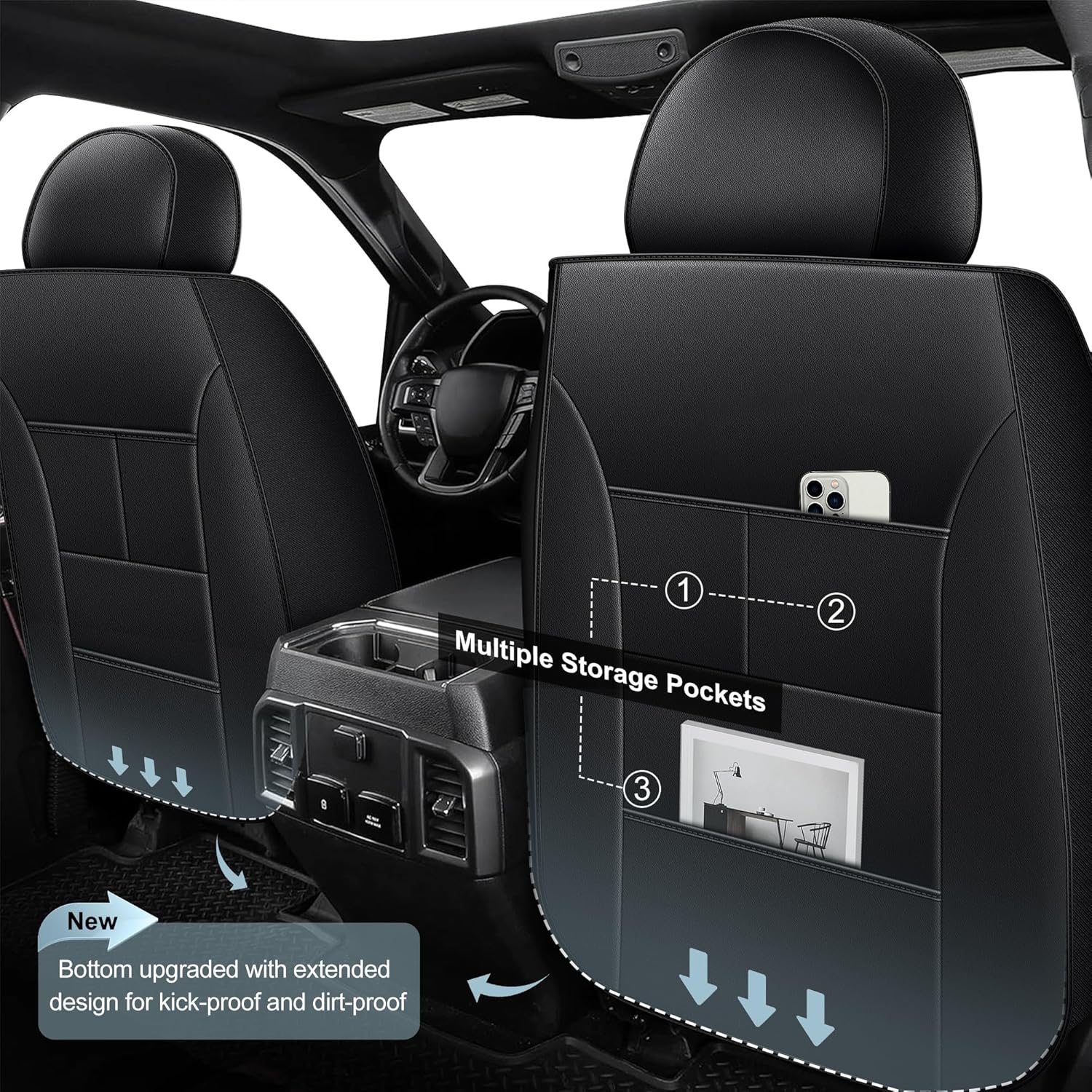 Seat Covers Fit for Ford F150 2009-2025 2026 and F250 F350 F450 2017-2025 2026 - Waterproof Faux Leather Car Seat Cover(2 PCS Front, Black&Grey)