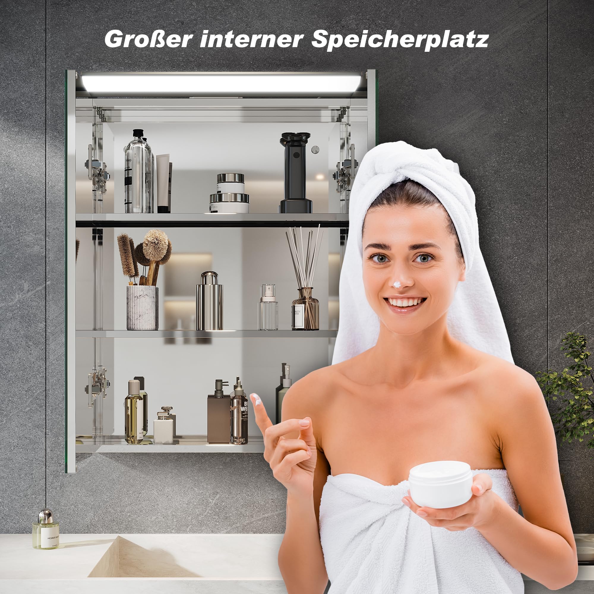 SONNI Spiegelschrank Bad 2-türig mit Beleuchtung 52x65cm, 201 Edelstahl Medizinschrank IP44 spritzwassergeschützt, viel Stauraum, Wandschalter & austauschbare LED-Leuchten