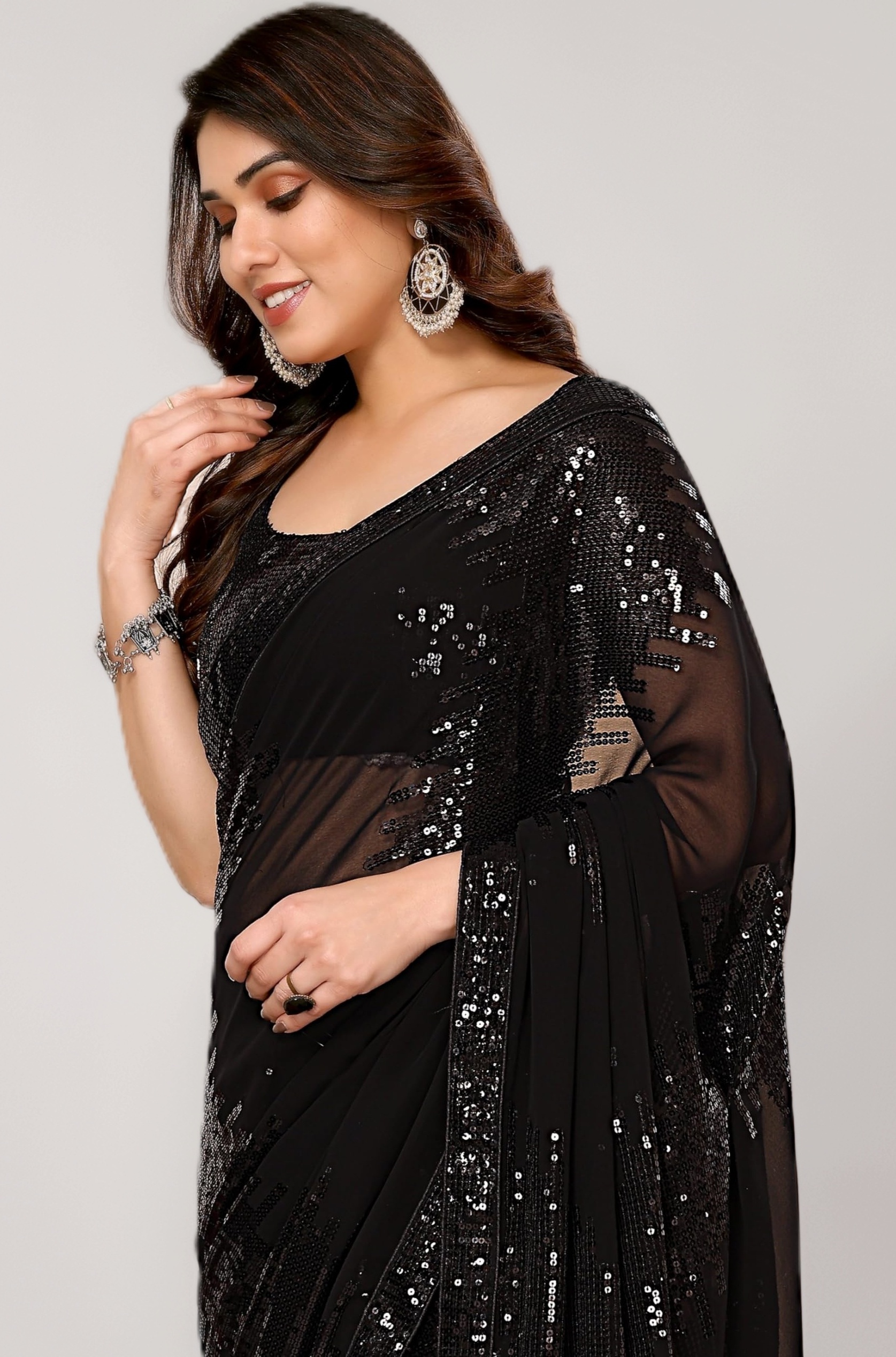 Ekasya Women Georgette with Sequence Ready to Wear Saree - Elegant Blush Design, Intricate Sequence Work, Perfect for Weddings, Parties, and Special Occasions, Stylish & Comfortable Fit