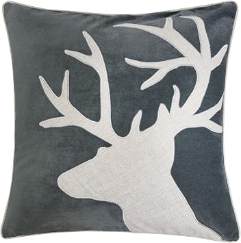 Applique Gray Velvet Throw Pillow Cover, Merry Christmas Series Reindeer Horn Luxury Soft Fuzzy Cozy Warm Slik Decorative Gift Square Couch Cushion Pillow Case 20 x 20 Inch, Cover Only