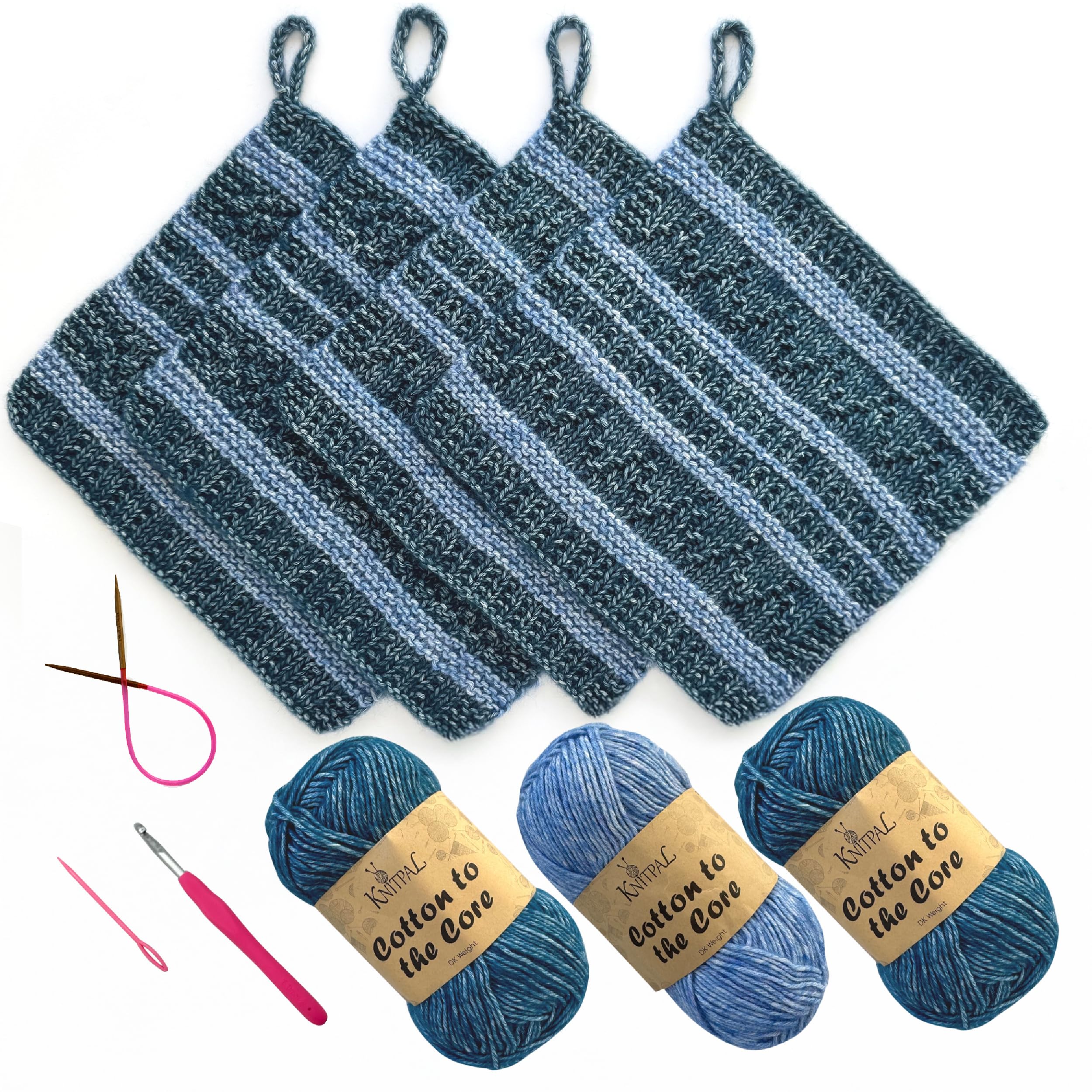 KnitPal Everyday Joy Knitting Kit – Make 4 Reusable Dishcloths for Confident Beginners – Cotton to The Core Yarn (#3 DK), Needles, Patterns & Video Tutorials (Jean Blue + Sky Blue)-image-19
