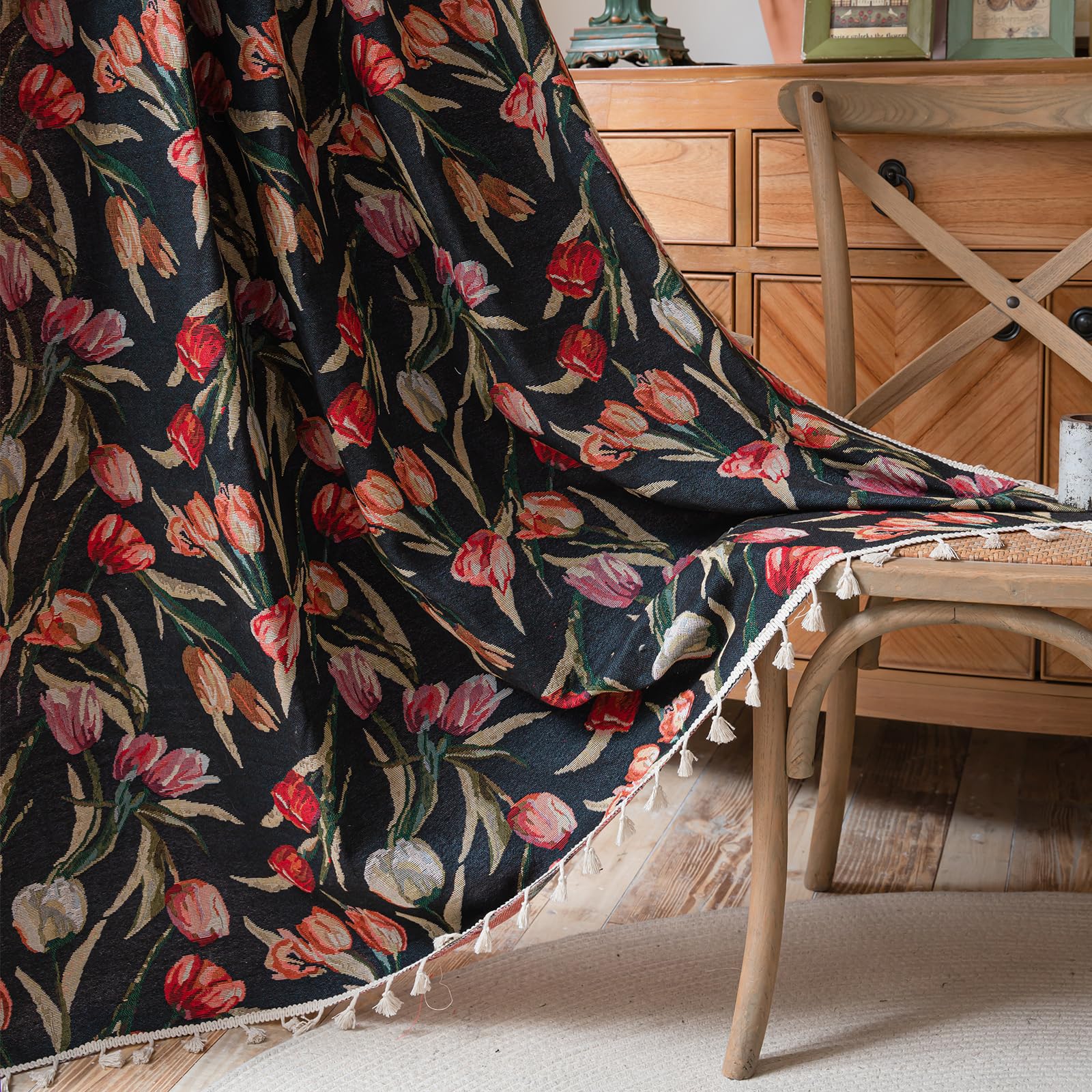 USTIDE Bohemian Jacquard Floral Red Tulip Pattern Curtain Panel with Tassels Farmhouse Semi Sheer Polyester Black Window Drapes 150cm x 220cm for Living Room Bedroom
