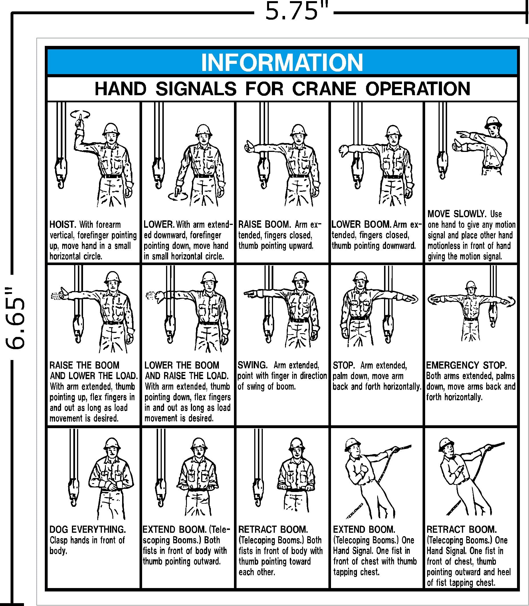 Information Hand Signals for Crane Operation - 5 3/4" X 6 5/8" Vinyl Decal, I Make Decals™ - Decal Sticker Placard