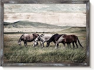 cozy country Horses Framed Wall Art Decor: The Small Size Western Farmhouse Wooden Picture Vintage Rustic Painting Wild Animals Walking in the Vast Grassland Artwork for Living Room