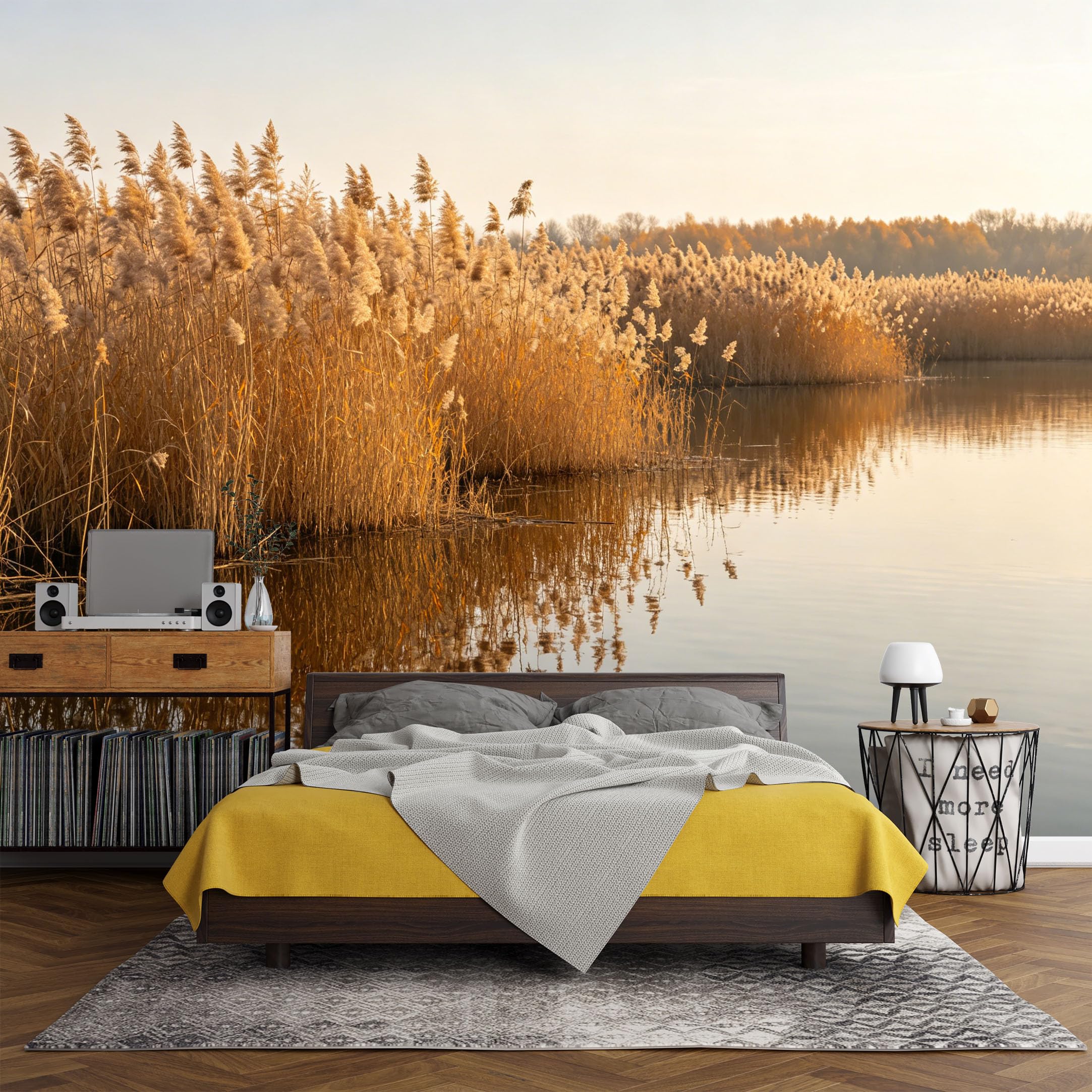 Custom Size Wall Mural， Landscape Golden Reed Lake Reflection Sunrise Nature Scene，SelfAdhesive Art Prints wall Fabric (No PVC) Removable Wallpaper Living Room Decor