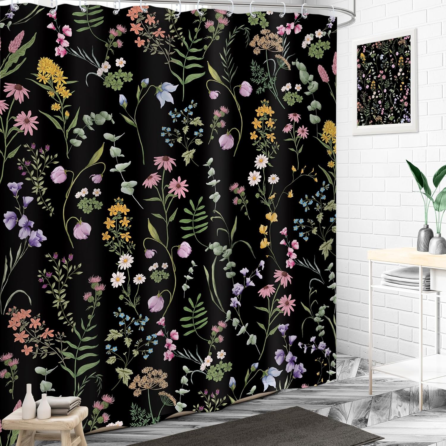 LIGHTINHOME Wildflower Herbs Shower Curtain 72Wx78H Inches Plant Floral Retro Vintage Flower Blossom Farm Leaves Botanical Black Cloth Fabric Waterproof Polyester Bathroom Home Decor Set with Hooks