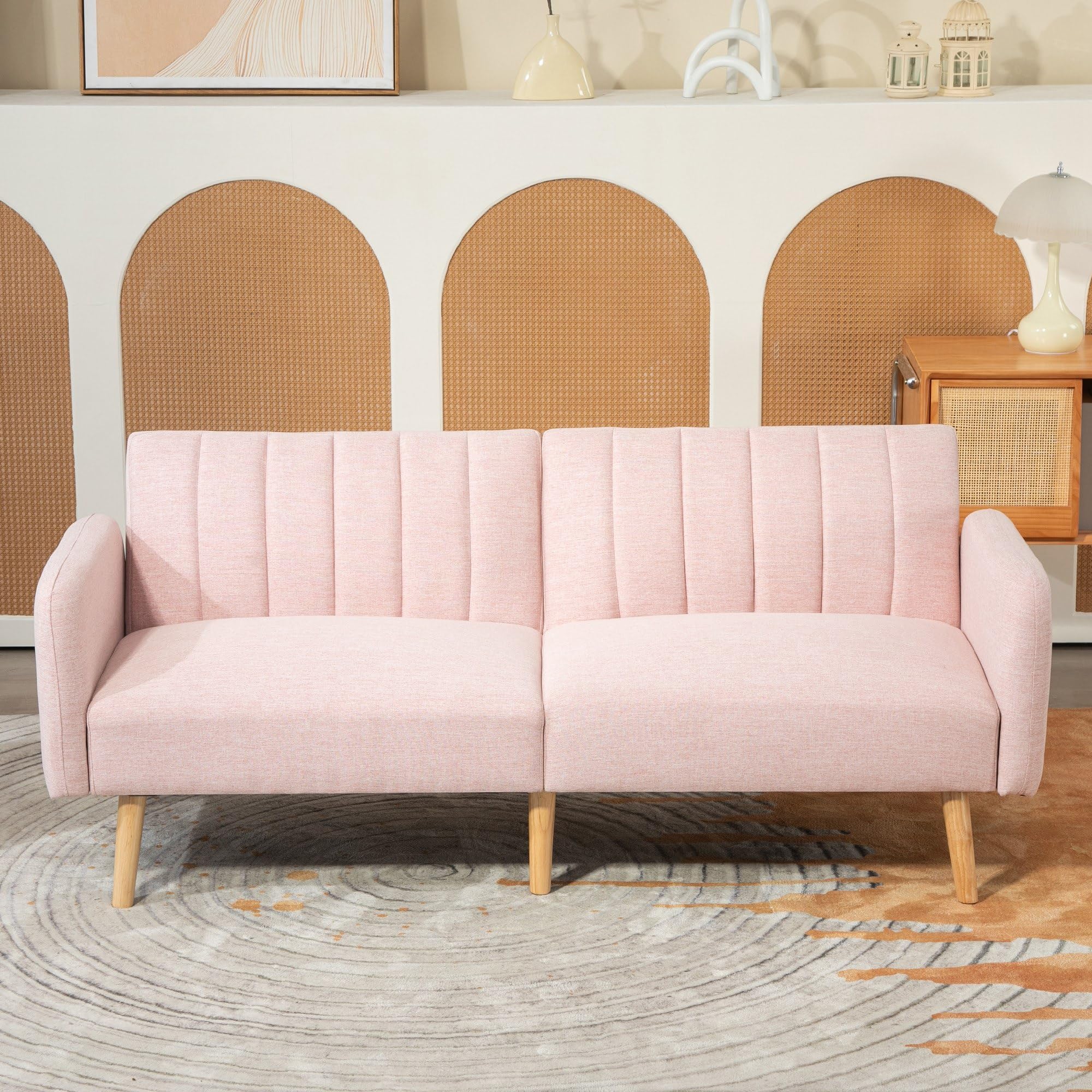 HOMCOM Sofá Cama de 2 Plazas Moderno 173x75x73 cm Sofá Cama Plegable Tapizado en Lino Sintético con Respaldo Ajustable en 3 Niveles y Reposabrazos Desmontables para Salón Oficina Rosa