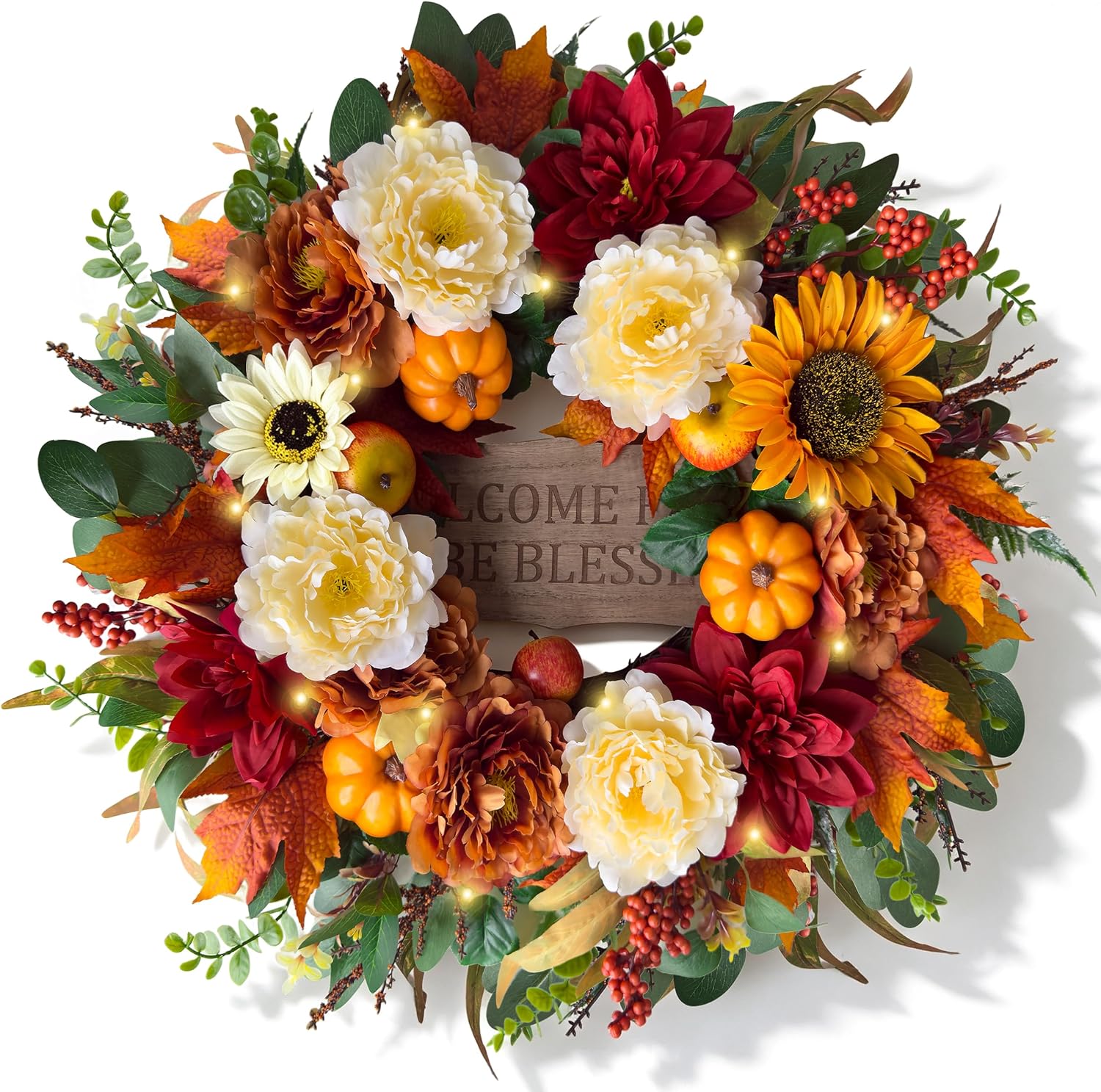 26'' Fall Wreaths for Front Door with Lights and Timer, Farmhouse