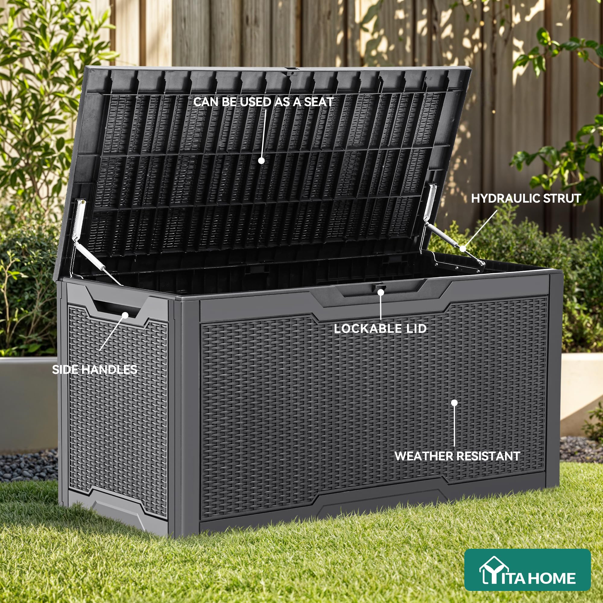 YITAHOME 380 Liter Gartenbox Wasserdicht, Abschließbarem Garten Auflagenbox, Outdoor kissenbox Wetterfest Garten Aufbewahrungsbox mit Seitengriffen für Gartengeräten Poolzubehör Spielzeug, Dunkelgrau