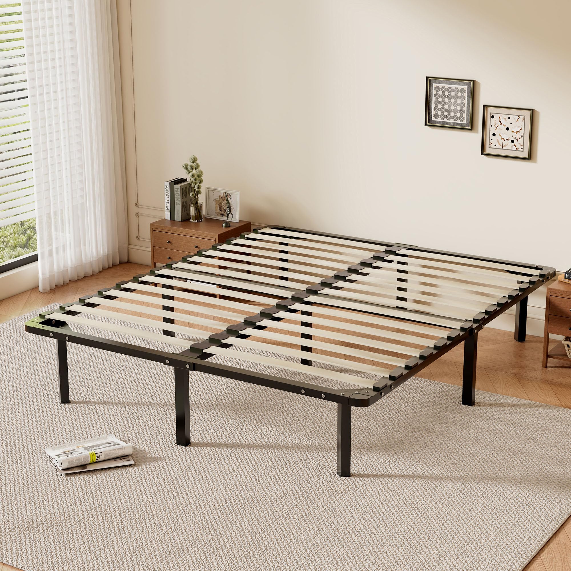 TEENO Rete Letto Matrimoniale 160x190 a Doghe in Legno,con 9 Gambe e 2x14 File di Doghe,Alto Sotto Letto 32 cm per Ampio Spazio di Archiviazione,Adatta a Tutti i Tipi di Materassi,Stile Moderno