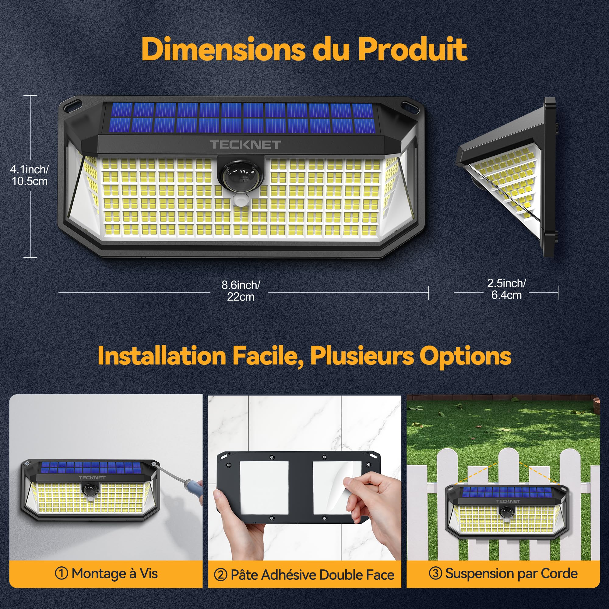 TECKNET Solarleuchte Außen, 4200LM, 416 LEDs, 300° Beleuchtung, 3 Modi, mit Bewegungsmelder, wasserdichte Solarleuchte IP66 für Zaun, Hof, Patio, Garten, Garage, usw. - 4 Stück