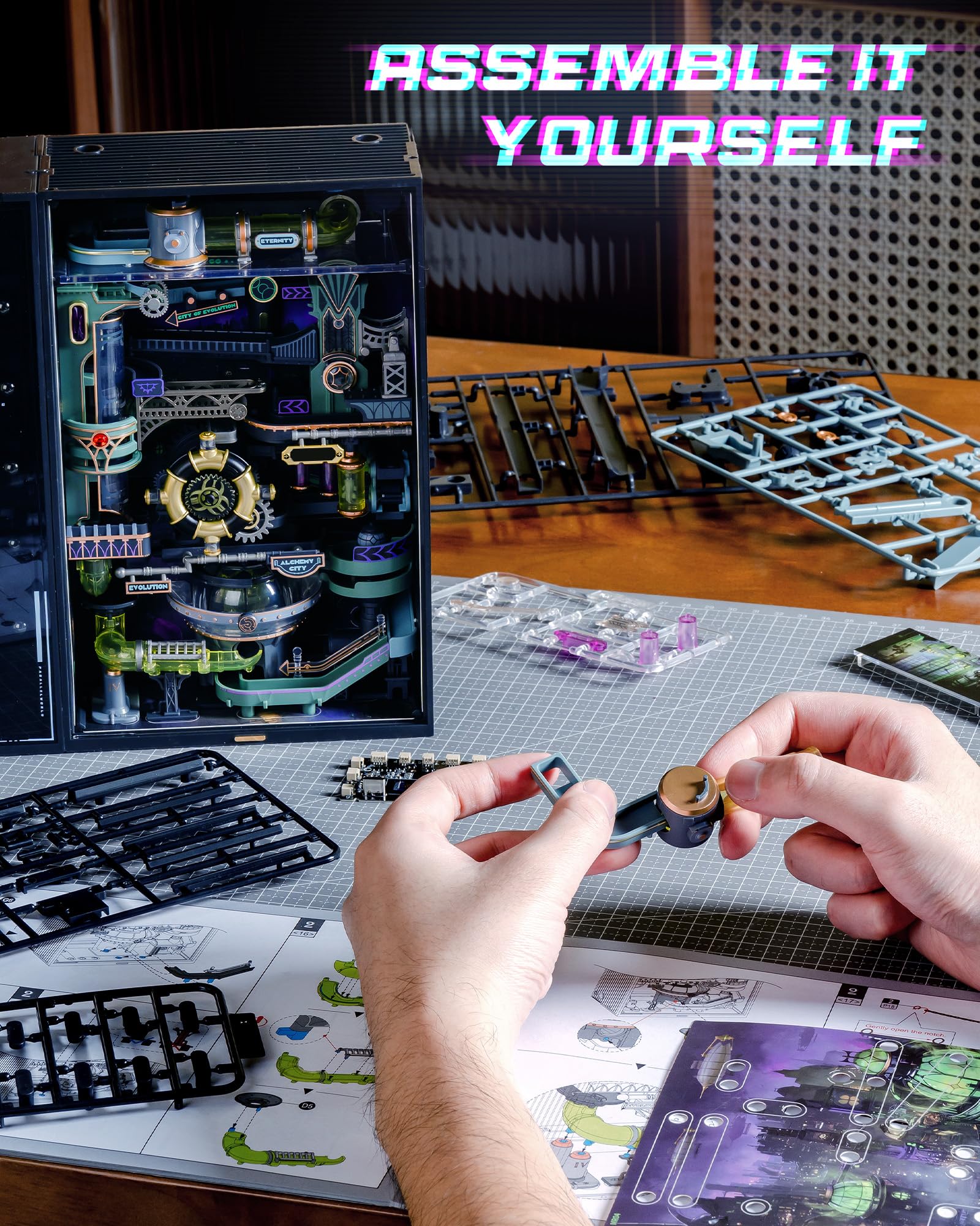 ROBOTIME Puzzle 3D Parallel World Alchemy City – Marble Run Interaktywny model miasta ze światłami, mechaniczny zestaw PCW dla nastolatków i dorosłych, MR04S
