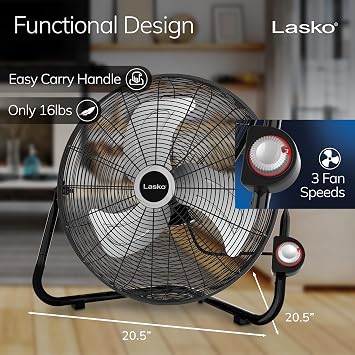 Lasko 20 Black High Velocity Wall Mount Fan with Pivoting Head - 3 Speeds, Ideal Wall Mount Fan or Floor Fans for Home, Garage, Attic, 2264QM
