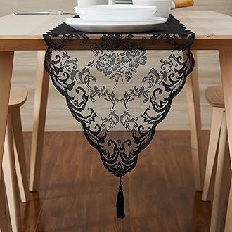 WARM HOME DESIGNS Gothic Table Runner. Vintage 14 x 72 Black Table Runner. Lace Table Runner Features Rose Design & 2 Attached Tassels. Wedding Table Runner from Lace Fabric. MTR Black 72"