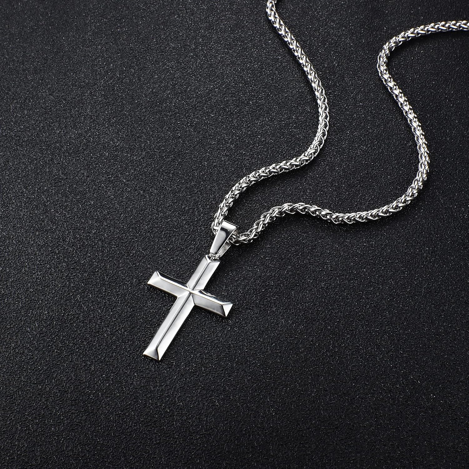 IRONBOX 925 Sterling Silver Cross Necklace for Men Women 3MM Stainless Steel Strong Durable Wheat Chain Beveled Edge Crucifix Pendant Necklace Jewelry 16-30 Inches - Image 5