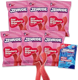 Strawberry Sour Strips - 3.5 oz 6-Pack Bundle with 2.5oz Glacial Peppermint Gum, Low Sugar, Sour Belt Candy, Dye Free, Low Calorie Snacks, Healthy Candy (7 Items)