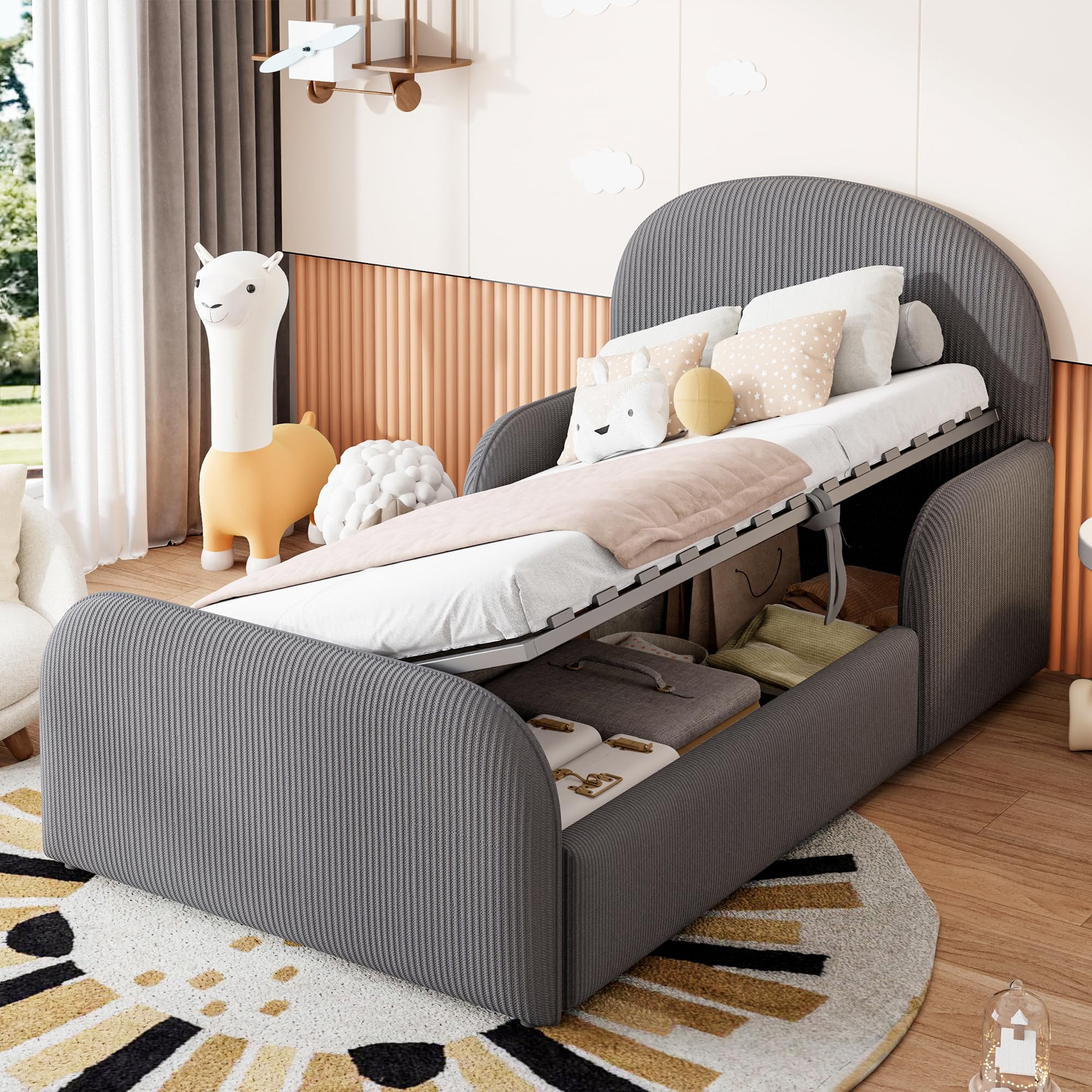 Cama infantil de 90x200 gris con barandilla y almacenaje hidráulico