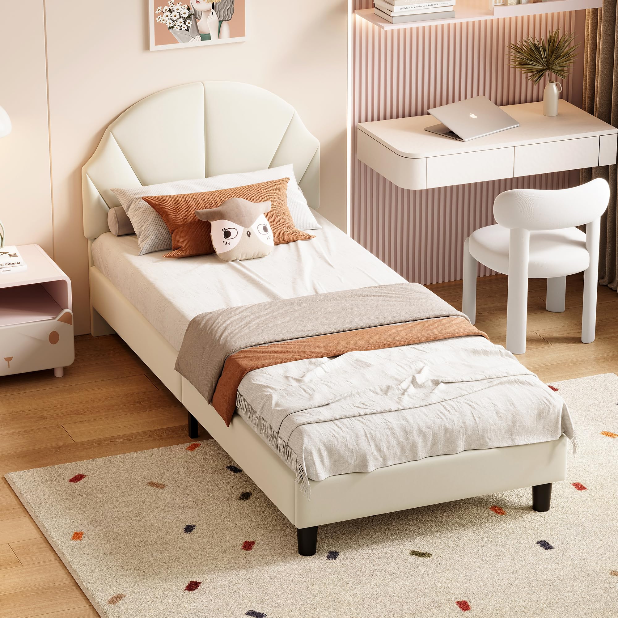 Letto per bambini imbottito 90 x 200 cm, testiera regolabile in altezza, telaio letto per bambini con rete a doghe, facile da montare, velluto, beige
