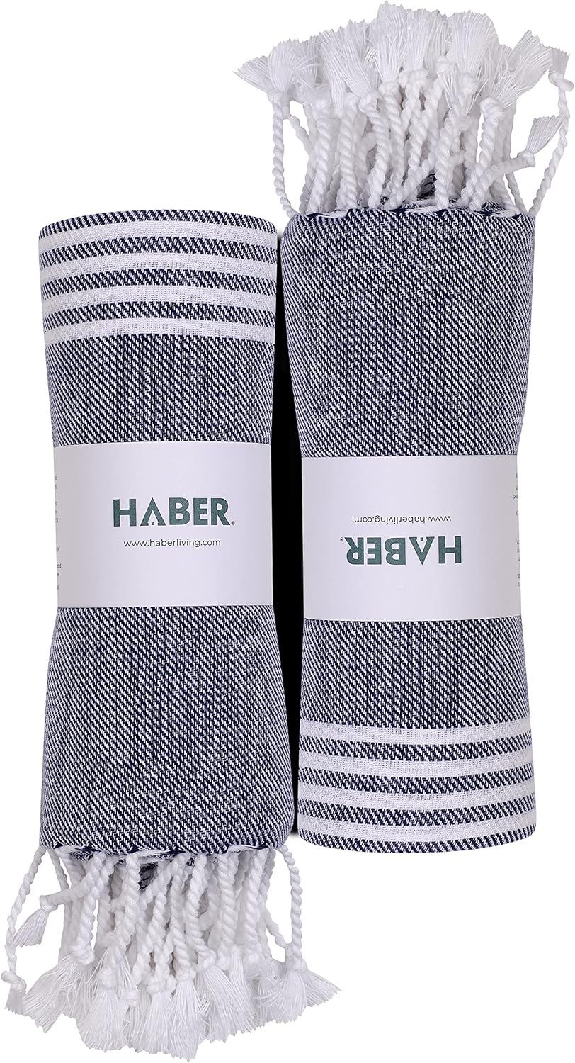 HABER Turkish Towels for Beach, Fast Dry Towel for Bath, 100% Cotton Towels for Multipurpose Gym, Yoga, Workout (Pack of 2, Beach 37x70in, Blue)