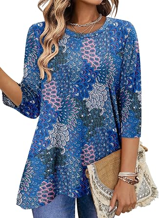 KISSMODA Womens 3/4 Long Sleeve Tunic Tops Round Neck Flowy Longline Blouse